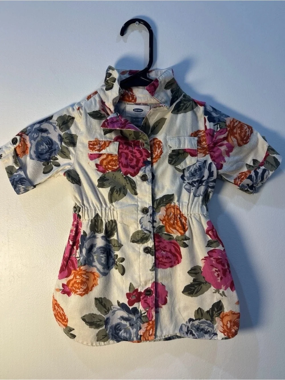 Old Navy Dress 18-24M Girls Floral Rose Shirt Dress Beige Pink Blue Cottagecore